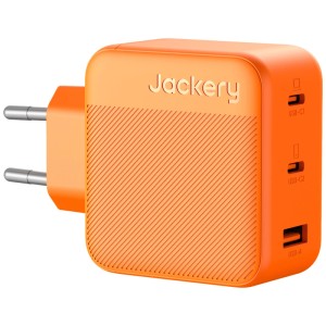 Caricatore arancione Jackery 3-Port GaN con porte USB-C e USB-A per ricarica rapida.