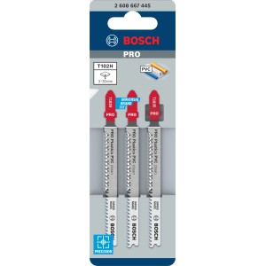 Lame per seghetto alternativo Bosch Pro T 102 H Clean for PVC, 3 pezzi. Lame argentate con attacco rosso per plastica.