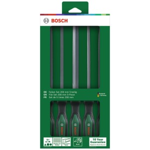 Set de limes Bosch, 5 pièces, avec manches verts. Limes en acier au carbone pour le travail du métal.