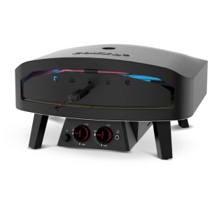 Forno per pizza a gas Cozze Black Edition 24, forno per pizza da esterno nero con comandi e gambe.