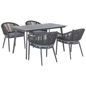 Ensemble de meubles de jardin gris Beliani Mileto avec 4 chaises et table à plateau en verre.