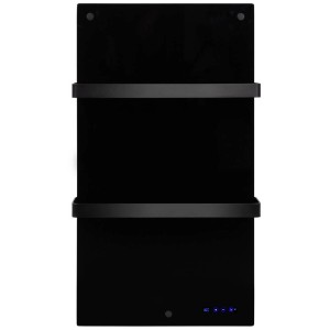 Radiateur de salle de bain noir Eurom Sani 400W avec porte-serviettes et commande digitale.