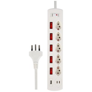 Multiprise blanche Schönenberger avec 5 prises T13, ports USB et interrupteurs.