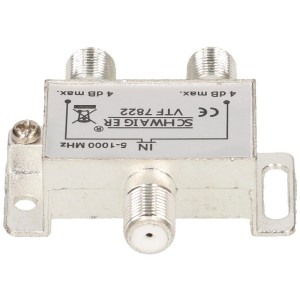 Répartiteur d'antenne Schwaiger 2 voies, atténuation 4 dB pour une réception TV et radio optimale.