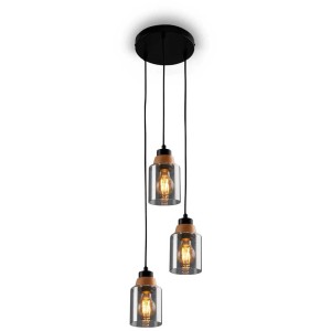 Lampada a sospensione Briloner con 3 lampade in vetro fumé e dettagli in legno. Lampada moderna per interni.