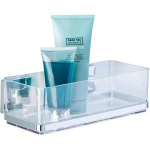 Étagère murale Wenko Vacuum-Loc® Quadro en acier inoxydable avec gel douche et shampooing.