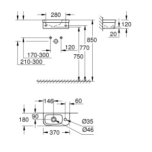 Dessin technique : Mini lave-mains Grohe Euro Céramique, dimensions pour WC invités.