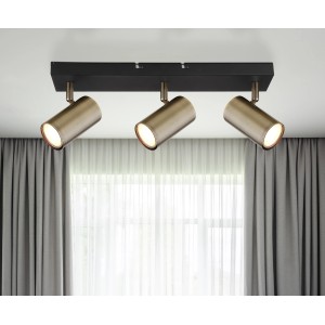 Globo Faretto Robby a 3 luci, nero opaco e ottone anticato. Spot moderno per lampadine GU10.
