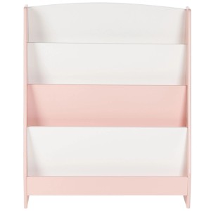 Étagère enfant Beliani Liloet en MDF rose pastel avec 4 compartiments blancs pour livres et jouets.