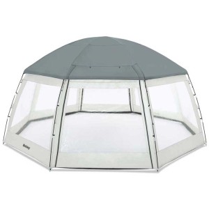 Abri de piscine gris avec fenêtres en PVC transparent, Ø 6 m, hauteur 2,95 m.