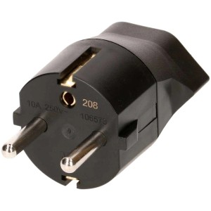 Adaptateur fixe noir Schuko vers Type13 (3 broches) pour appareils suisses dans les prises Schuko.
