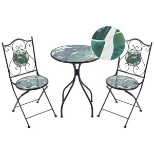 Set bistro Beliani Cozzana, metallo nero, piano mosaico con motivo vegetale, mobili da balcone.
