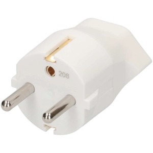 Adaptateur fixe blanc Schuko vers Type13 (3 pôles) pour une utilisation dans les pays avec prises Schuko.