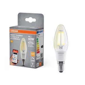 Lampadina LED Osram Matter E14 a forma di candela, dimmerabile, 4W, 470lm. Luce Smart+ con luce bianca calda.
