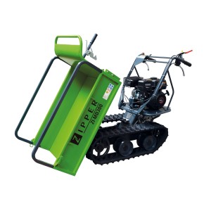 Zipper Mini Dumper ZI-MD300 avec lame à neige, benne verte basculée, machine de chantier pour matériaux en vrac jusqu'à 300kg.