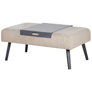 Divano angolare da giardino beige Beliani Sorrivoli con tavolo e vassoio in metallo.