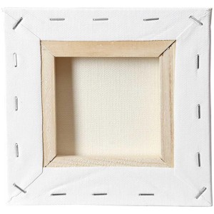 Rückseite Keilrahmen Classic, 15x15 cm, weiße Leinwand, Holzrahmen, Klammern.