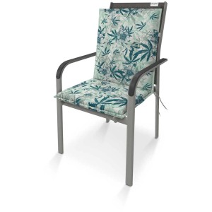 Cuscino per sedia da giardino verde menta Niederlehner Living D.3954, 48x100 cm, con motivo a foglie su una sedia da giardino.
