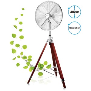 Ventilateur sur pied en bois Emerio, Ø 40 cm, avec panier chromé et base en bois à trois pieds.