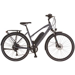 Bicicletta da trekking elettrica Prophete Alu Entdecker 20.EST.10 da donna 28 pollici grigia con portapacchi.