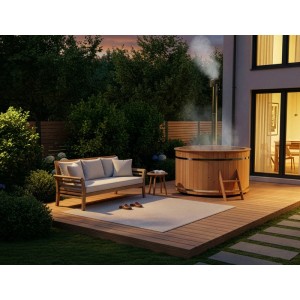 Bain nordique en bois Finntherm Bergen avec poêle et échelle sur terrasse en bois dans le jardin.