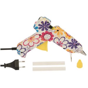 Heissklebepistole Profi, farbig mit Blumenmuster, 60 W, inklusive Klebesticks und Düsenschutz.