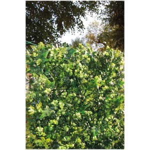 Haie artificielle 3D Saltus comme brise-vue de balcon vert avec différentes formes de feuilles.