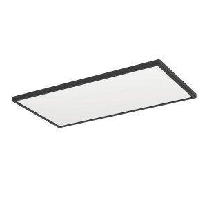 Plafoniera LED quadrata nera Rovito-Z di Eglo Connect con superficie illuminante bianca.