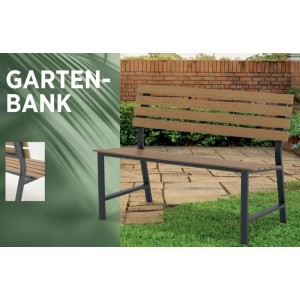Banc de jardin en acier anthracite et Polywood aspect teck sur une terrasse.