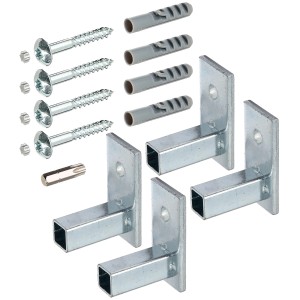 Befestigungs-Set für Fenstergitter, blau verzinkt, mit Schrauben, Dübeln und Bit.