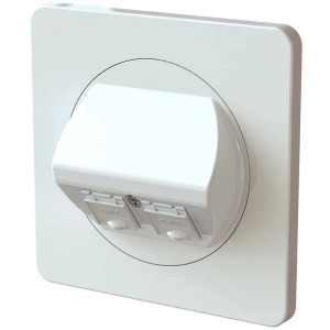Prise réseau blanche à encastrer maxONE avec 2 ports RJ45 K6 pour montage encastré.