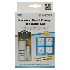 Kit de réparation Jaeger pour céramique, émail et acrylique blanc, incluant spatule, spray et papier de verre.