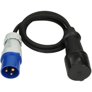 Adapterkabel CEE 16A, 230V, 1,5m mit blauem Stecker und schwarzer Kupplung für den flexiblen Einsatz.