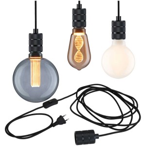 Lampada a sospensione Paulmann Neordic Tilla, nera, con tre diverse varianti di lampadine e cavo tessile.