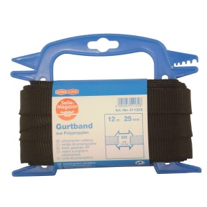 Sangle noire, largeur 25mm, longueur 12m, sur bobine bleue. Idéale pour sangles d'arrimage et activités extérieures.