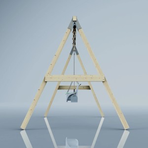 Altalena PolarPlay Pappagallo Azzurro Ghiaccio con struttura in legno e sedile grigio.