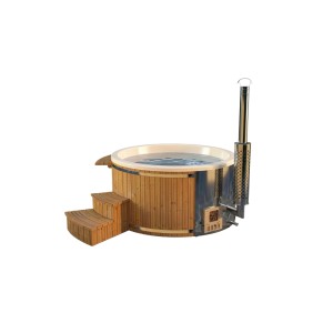 Bain nordique en bois Finntherm Stockholm, Ø 200 cm, avec poêle et escalier.