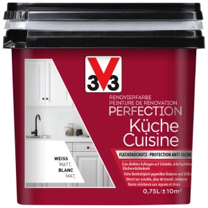 V33 Rénovation Perfection Cuisine Blanc Mat, vue du seau. Peinture colorée pour meubles de cuisine et plans de travail.