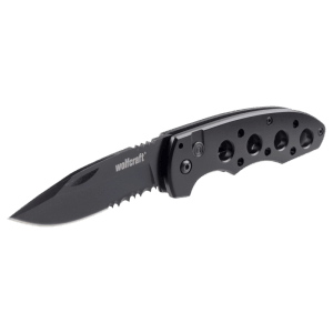 Coltello pieghevole wolfcraft nero con lama seghettata da 75 mm e impugnatura in metallo.