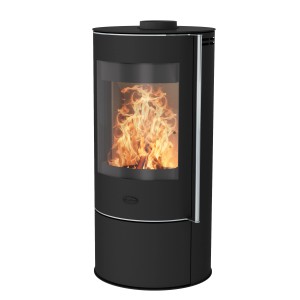 Poêle à bois Fireplace Rondale en acier noir avec vitre et bois qui brûle.