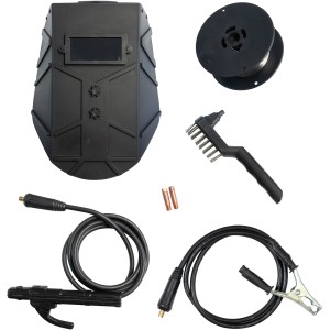 Accessoires pour poste à souder Güde Uni-Mig 125 SYN : masque, fil, brosse, porte-électrode et pince de masse.