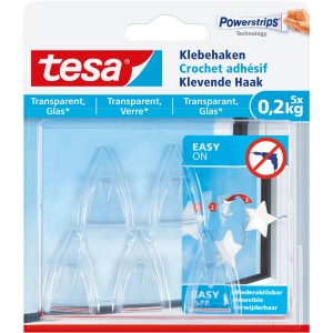 Tesa crochets adhésifs pour verre, transparents, supporte jusqu'à 200g, 5 pièces