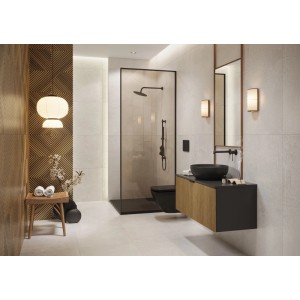 Salle de bain lumineuse avec carrelage de sol en grès cérame blanc mat 59,8x119,8 cm pour une ambiance moderne.