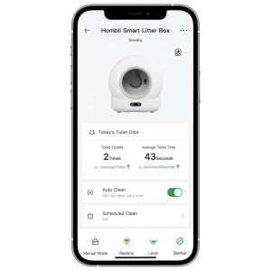Smartphone zeigt Hombli Smart-Katzentoilette App mit Nutzungsdaten, Auto-Reinigung und Sterilisationsfunktionen für Katzenklos.