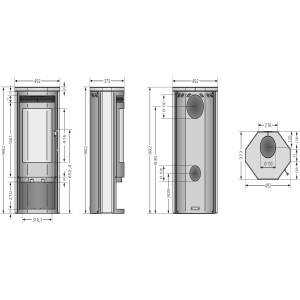 Dessin technique du poêle Justus Usedom 5 II noir avec dimensions.
