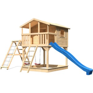 Karibu Cabane sur pilotis Benjamin en bois avec balançoire double, structure d'escalade et toboggan bleu.