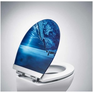 Sedile WC Diaqua Menton LED Night Beach con chiusura rallentata su un water.