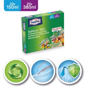 Confezione verde Toppits SafeLoc Mini sacchetti con zip, 20x 150ml & 20x 380ml, per alimenti, resistenti, impermeabili.