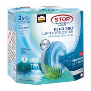 Pattex Aero 360° recharge déshumidificateur cascade fraîche, 2 tabs pour une déshumidification efficace.