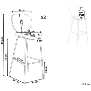 Schéma : Tabouret de bar Beliani Luana, similicuir marron, lot de 2, avec dimensions.